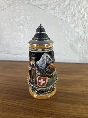 King Limited Edition German Beer Stein, Pewter Lid, 6" tall, Switzerland front